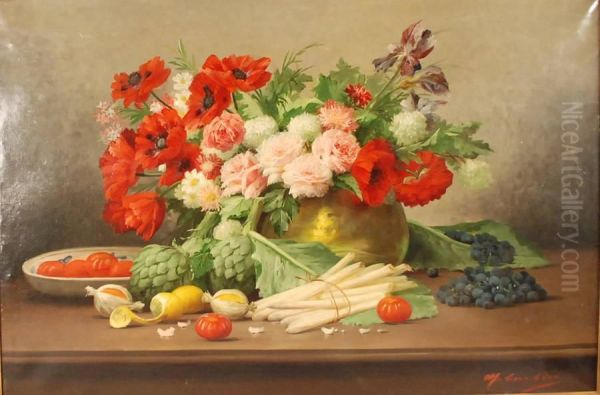 Composition Aux Roses, Fruits Et Legumes Oil Painting by Max Carlier