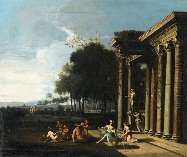 An Italianate Landscape With A Bacchanale Before A Classical Portico Oil Painting by Alberto Carlieri