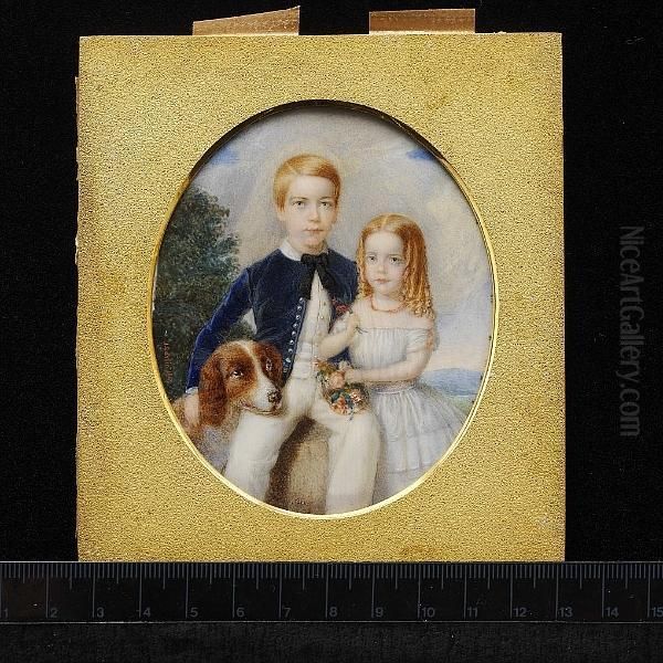 Two Children And A Dog Seated In A Landscape; He, Wearing Blue Jacket With Silver Buttons, Black Ribbon Necktie, White Chemise, Waistcoat And Trousers, His Right Hand Rests On His White And Tan Dog, His Left Hand On His Sister's Shoulder, Who Wears White Oil Painting by John Carlin