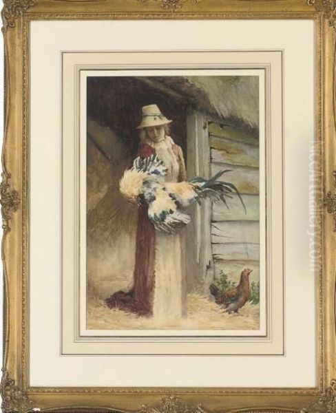 A Woman Holding A Cockerel Oil Painting by George Carline