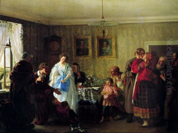 Jungvermahlte beim Gutsbesitzer. 1861 Oil Painting by Grigoriy Myasoyedov