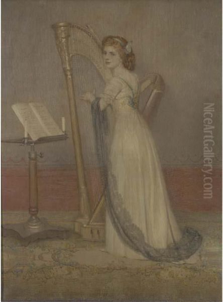 Hilda Playing The Harp Oil Painting by George Carline