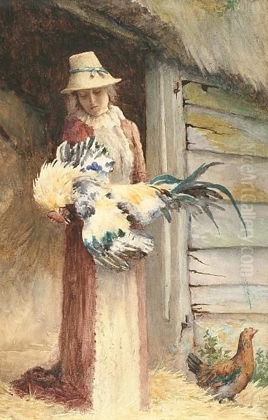 Woman Holding A Cockerel Oil Painting by George Carline