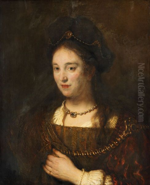 Halbfigur einer Frau mit Barett, Saskia van Uylenburgh Oil Painting by Rembrandt