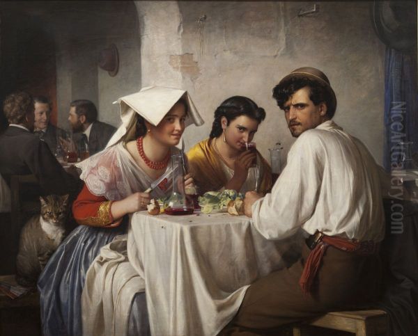 Dans une osteria romaine,scene de genredu peintre danoisCarl Heinrich Blochrealisee en 1866. Oil Painting by Carl Bloch