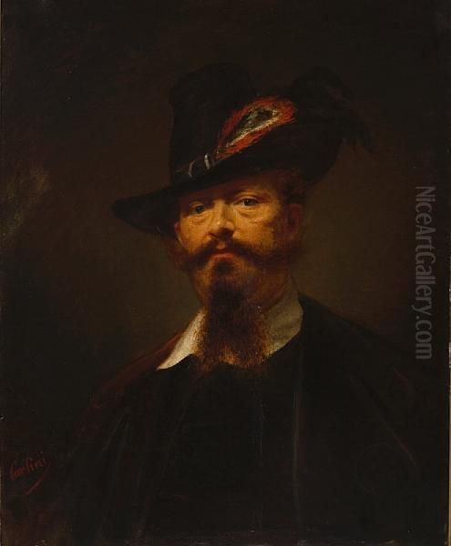 A Portrait Of Victor Emanuel Ii Of Savoy Inhunting Costume Oil Painting by Giulio Carlini