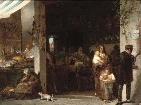 A Bustling Trattoria Oil Painting by Giulio Carlini