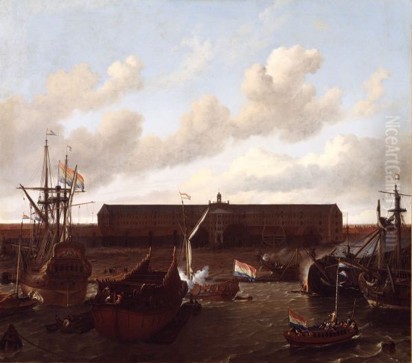 The dock of the Dutch East India Company at Amsterdam.[1] Oil Painting by Ludolf Bakhuizen