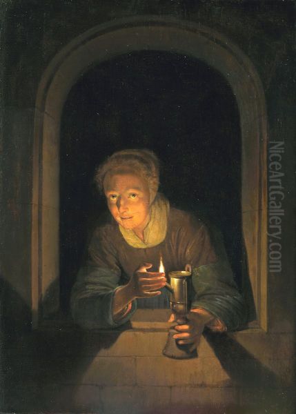 Young Woman Holding a Lamp Oil Painting by Gerrit Dou