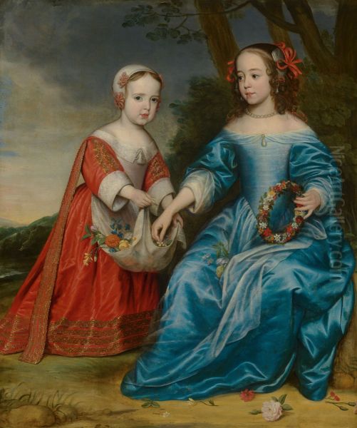 Dubbelportret van prins Willem III (1650-1702) en zijn tante Maria, prinses van Oranje (1642- 1688), als kinderen Oil Painting by Gerard van Honthorst