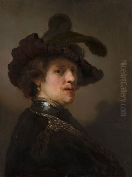 'Tronie' of a Man with a Feathered Beret Oil Painting by Rembrandt