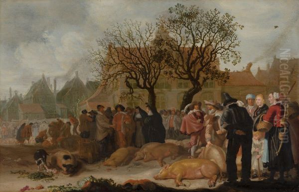 Hog Market Oil Painting by Sybrand Van Beest