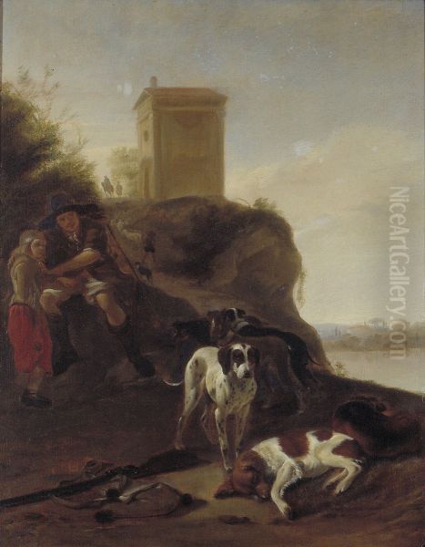 Hunters and Dogs in an Italian Landscape Oil Painting by Hendrik Verschuring