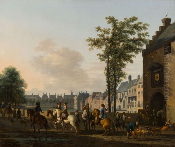 A Hunting Party near the Hofvijver in The Hague, seen from the Plaats Oil Painting by Gerrit Adriaenszoon Berckheyde