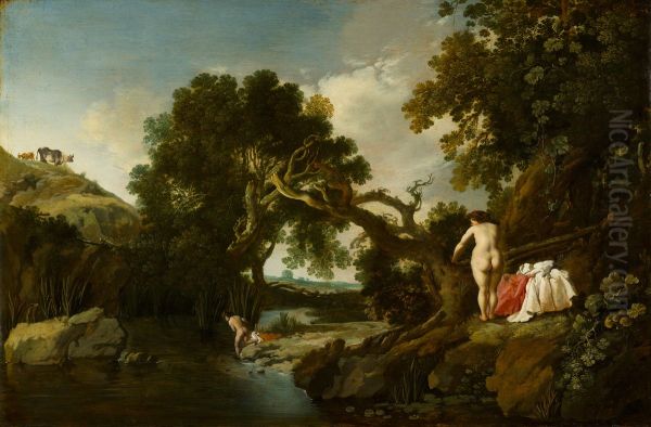 Wooded Pool with Salmacis and Hermaphroditus Oil Painting by Moses van Uyttenbroeck