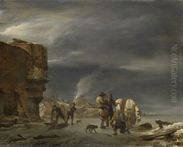 On the Ice near a Town Oil Painting by Nicolaes Pieterszoon Berchem