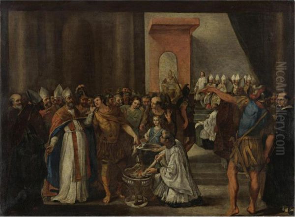 Constantine Burning The Arian Books At The First Council Of Nicaea Oil Painting by Magnone Carlo