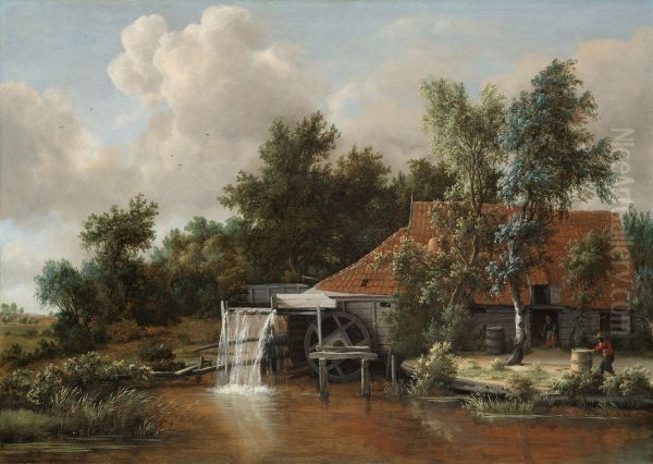 Een watermolen Oil Painting by Meindert Hobbema