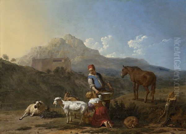 Italiaans landschap met geitenmelkster Oil Painting by Karel Dujardin