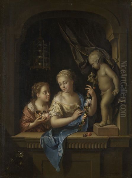 Twee meisjes met bloemen bij een beeld van Cupido Oil Painting by Pieter van der Werff