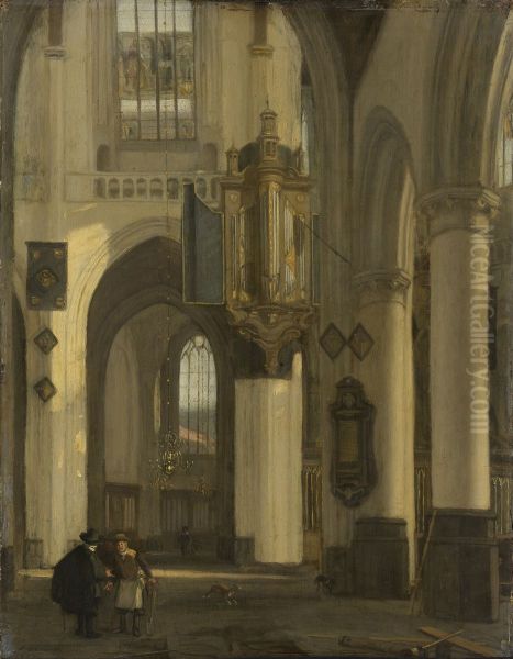 Interior of a Protestant Gothic Church with Motifs from the Oude and Nieuwe Kerk in Amsterdam Oil Painting by Emanuel de Witte