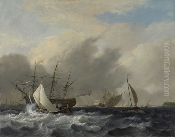 's Lands oorlogsschip 'Amsterdam' voor de Westerlaag op het IJ voor Amsterdam. Oil Painting by Nicolaas Baur