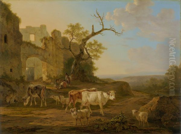 Landscape with Cattle by a Ruin Oil Painting by Jacob van Strij