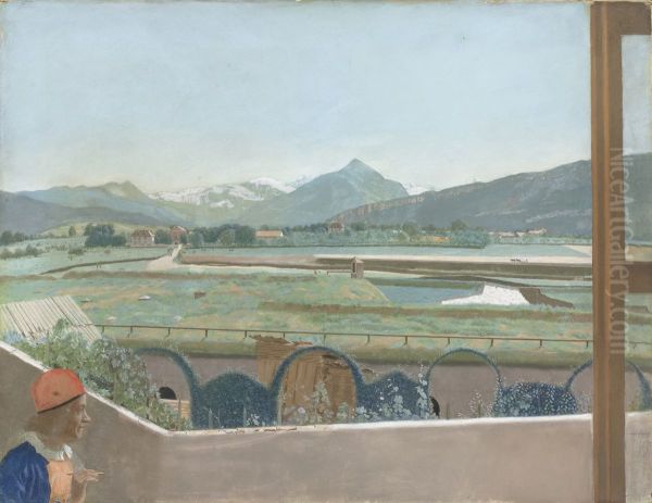 Uitzicht op het Mont Blanc-massief vanuit het atelier van de kunstenaar te Geneve, met zelfportret Oil Painting by Jean-Etienne Liotard