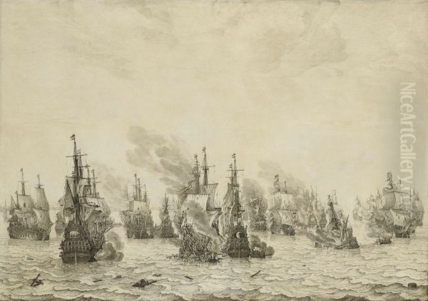 De zeeslag bij Livorno Oil Painting by Willem van de Velde the Elder