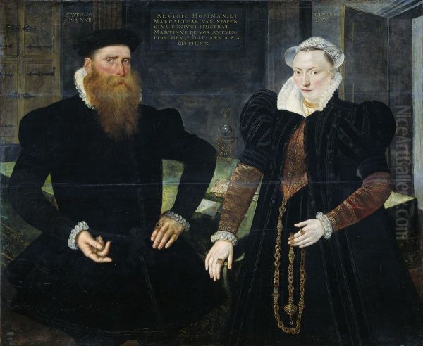 Portrait of Gillis Hooftman, Shipowner, and his Wife Margaretha van Nispen (Gilles van Eichelenberg, called Hoffman) Oil Painting by Maerten De Vos