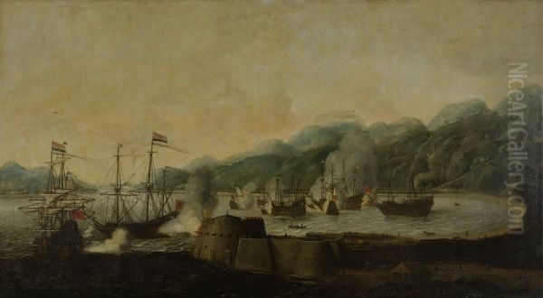 A Dutch Surprise Attack on Thee Portuguese Galleons in the Bay of Goa, 30 September 1639 Oil Painting by Hendrick Van Anthonissen