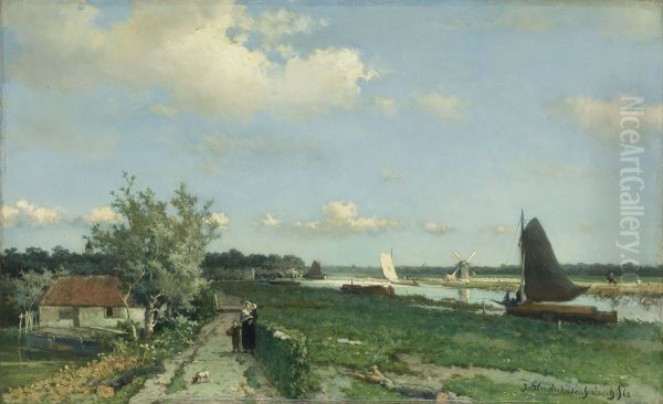 The Trekvliet Shipping Canal near Rijswijk, known as the 'View near the Geest Bridge' Oil Painting by Johan Hendrik Weissenbruch