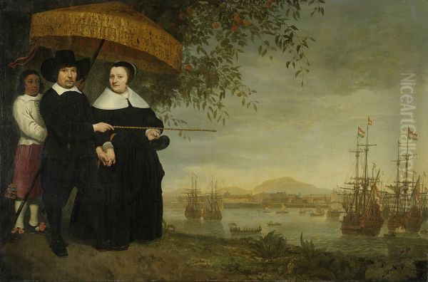 Een opperkoopman van de VOC, vermoedelijk Jacob Mathieusen en zijn vrouw ; op de achtergrond de retourvloot op de rede van Batavia Oil Painting by Aelbert Cuyp