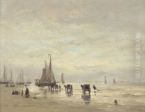 Strand met boten en schelpenvissers Oil Painting by Hendrik Willem Mesdag