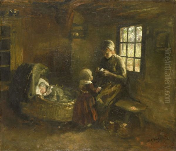 'Bij de wieg' Oil Painting by Albert Neuhuys