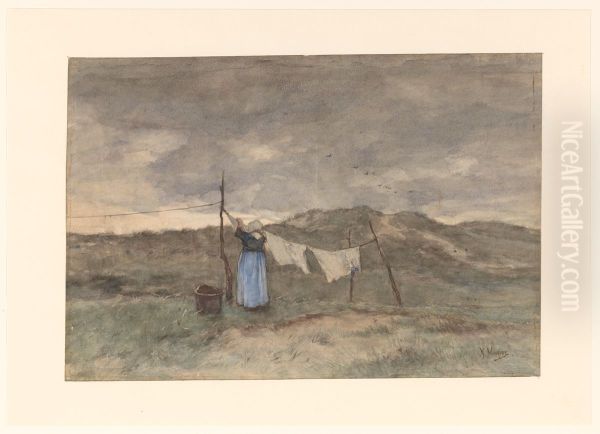 Vrouw bij een waslijn in de duinen Oil Painting by Anton Mauve