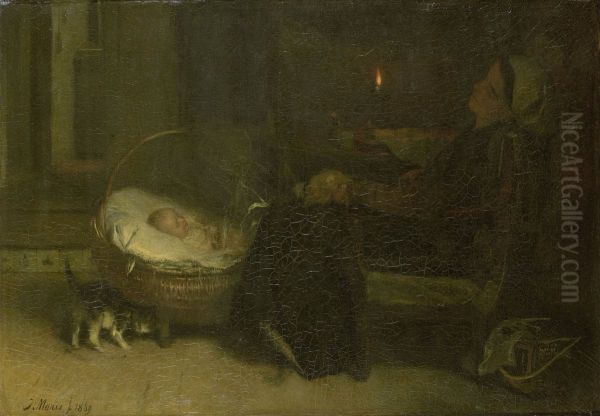 'Moe gewaakt' Oil Painting by Jacob Maris