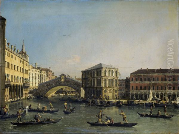 The Canal Grande with the Ponte Rialto and the Fondaco dei Tedeschi Oil Painting by Canaletto