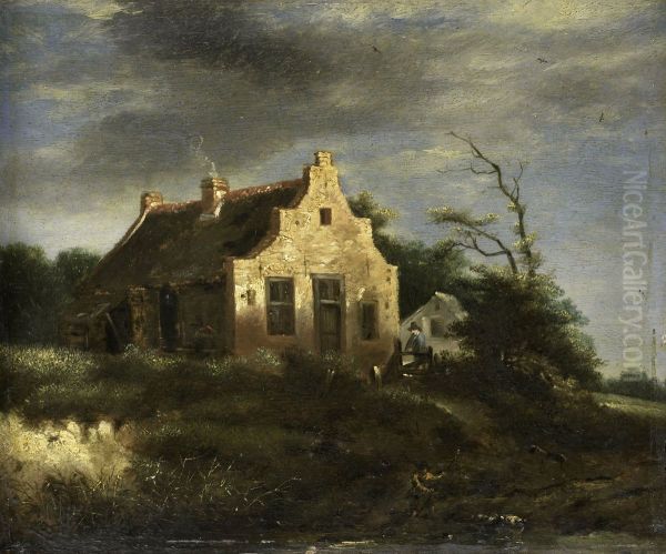 Boerenhuis in bosachtig duinlandschap Oil Painting by Jacob Van Ruisdael