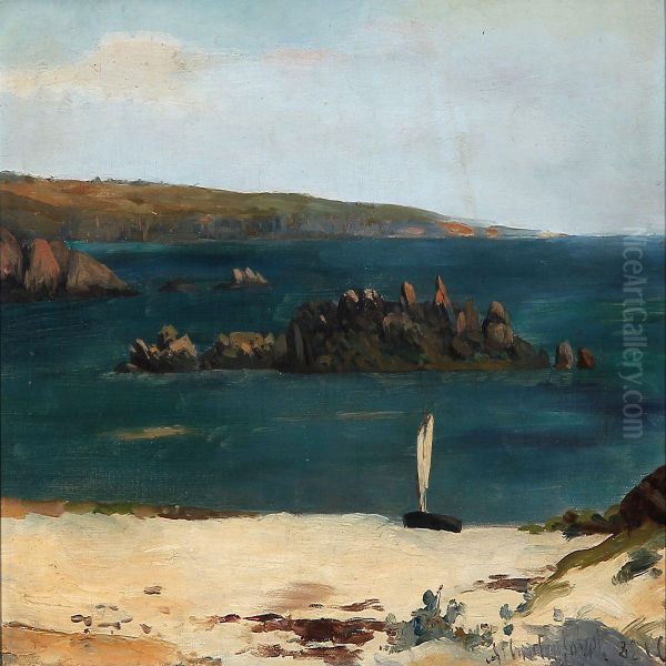 French Coastal Scene With A Sailing Boat On The Shore Oil Painting by Carl Christian E. Carlsen