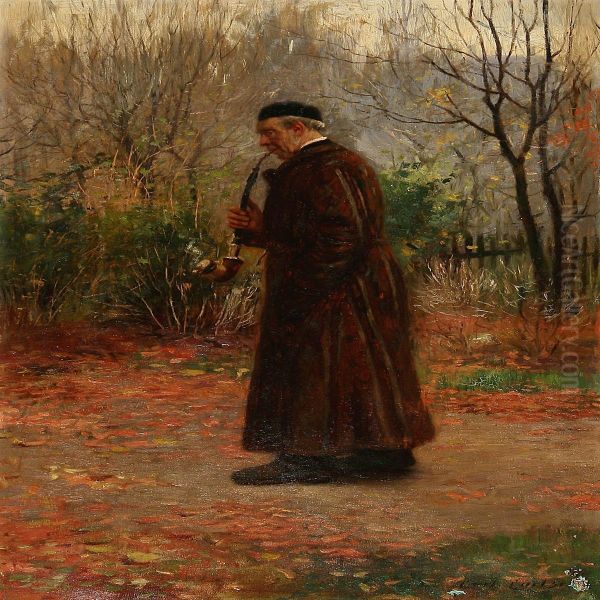 An Elderly Man Smokes Pipe On His Walk Oil Painting by Carl Christian E. Carlsen