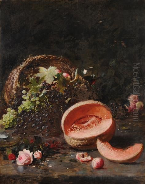 Natura Morta Con Cesto D'uva, Melone E Rami Di Rose Oil Painting by Carl Christian E. Carlsen