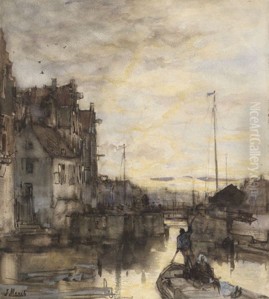 Stadsgezicht bij avond Oil Painting by Jacob Maris