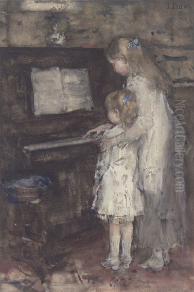 Two Girls, Daughters of the Artist at the Piano Oil Painting by Jacob Maris