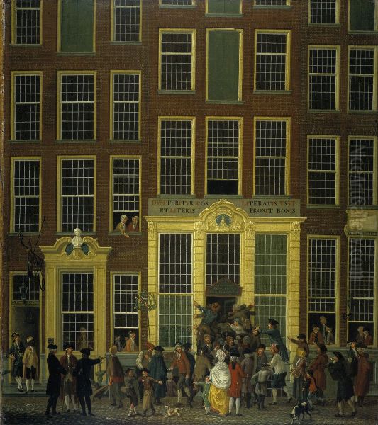 De boekhandel en het loterijkantoor van Jan de Groot in de Kalverstraat in Amsterdam Oil Painting by Isaac Ouwater