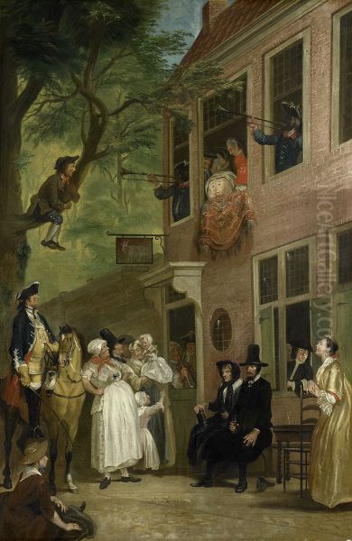 Misled: The Ambassador of the Rascals Exposes himself from the Window of 't Bokki Tavern in the Haarlemmerhout Oil Painting by Cornelis Troost