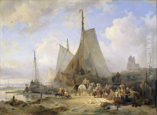 Fishing Boats on the Beach with Fishermen and Women Sorting the Catch Oil Painting by Wijnand Nuijen