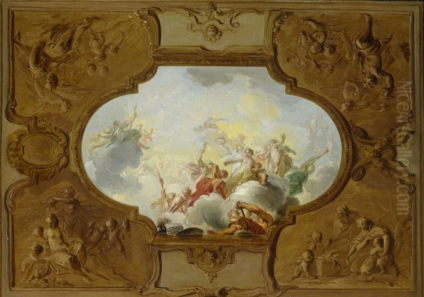 Ontwerp voor een plafondstuk met de apotheose van Aeneas, in de hoeken de vier jaargetijden in brunaille Oil Painting by Jacob de Wit