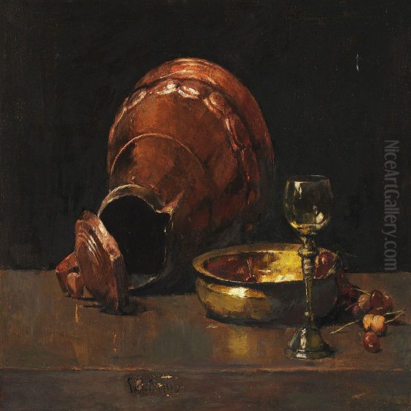 Still Life With Copper Utensils And Wine Glass On A Table Oil Painting by Emil Carlsen