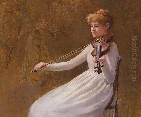 Girl With A Violin Oil Painting by Emil Carlsen